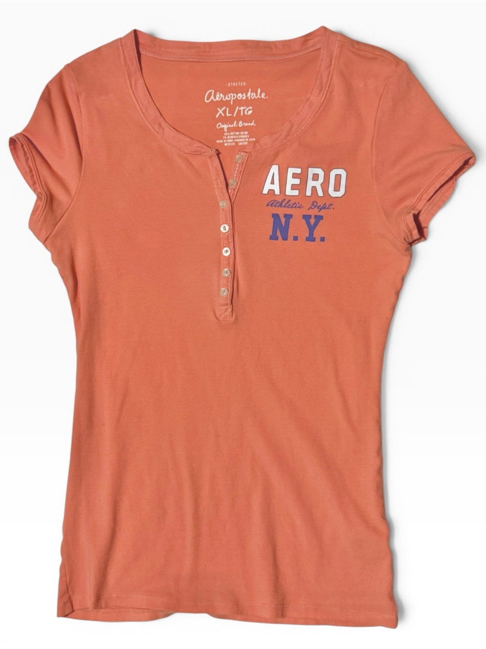 Aeropostale Y2K Coral Orange AERO NY Stretch Henley Tee XL